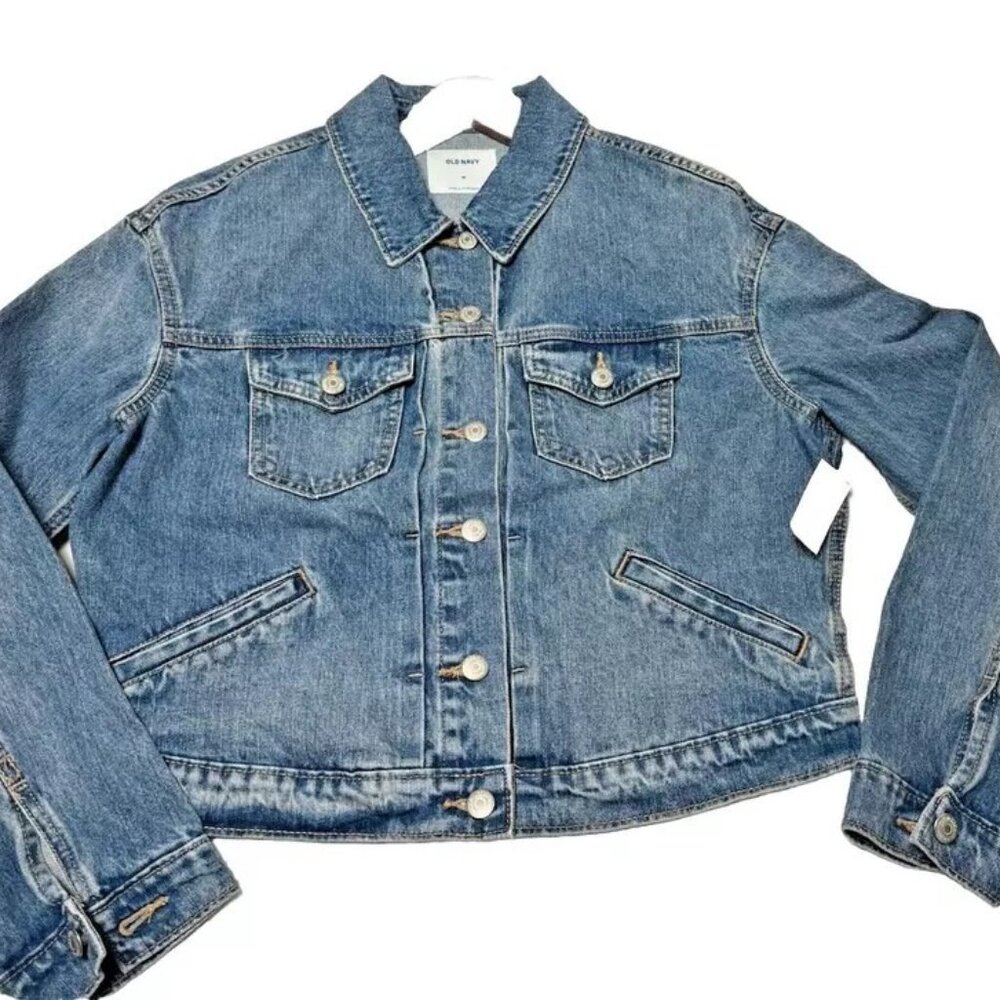 NEW Old Navy Classic Denim Blue Jean Jacket Medium Wash Cotton Womens M